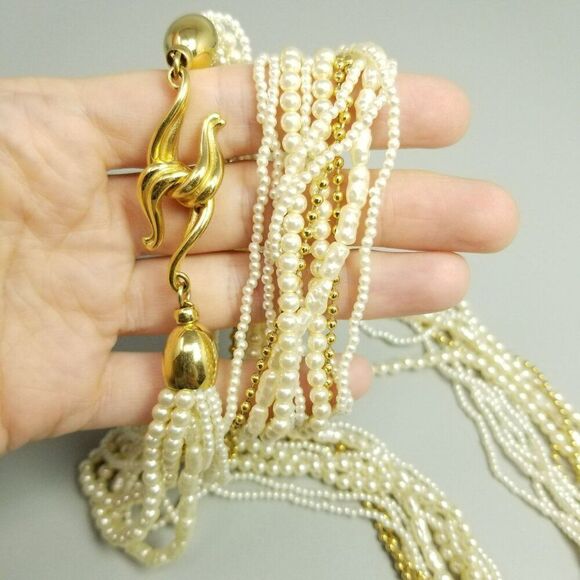 Vintage Faux Pearl and Gold Tone Multi Strand Long Beaded Necklace, Hook Clasp - Picture 6 of 7